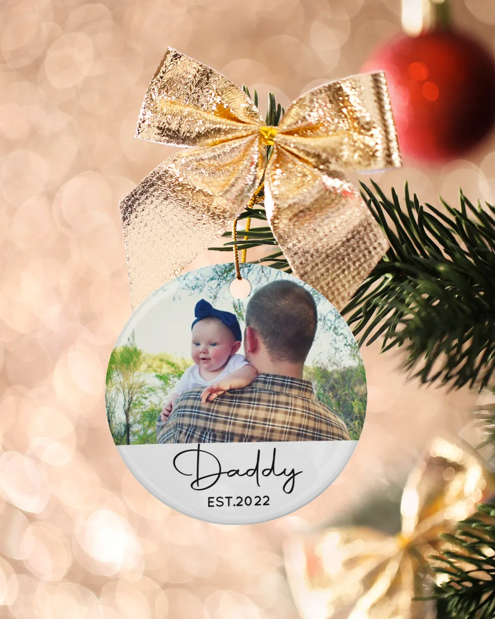 Personalized Custom Photo New Dad Est Daddy First Christmas Ornament Porcelain Ornament - Circle white one-sided __single