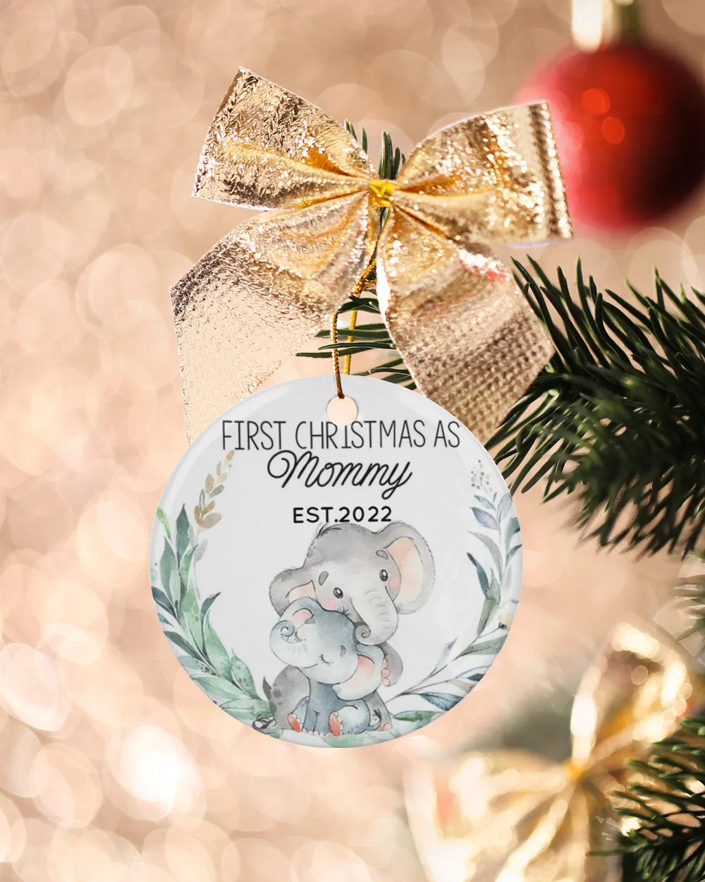 Personalized Custom New Mom Mommy Elephant First Christmas Ceramic Ornament Porcelain Ornament - Circle white one-sided __single