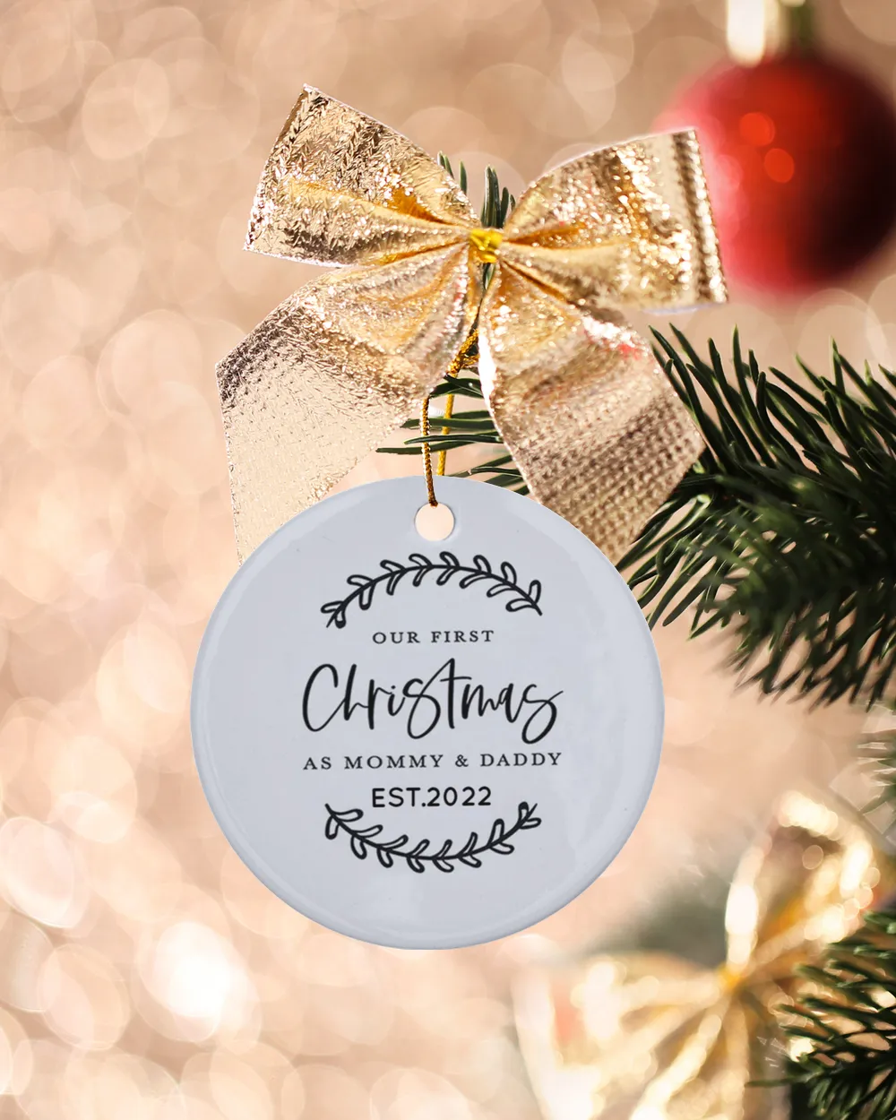 Personalized Custom New Mom Dad Mommy Daddy Our First Christmas Porcelain Ceramic Ornament Porcelain Ornament - Circle white one-sided __single