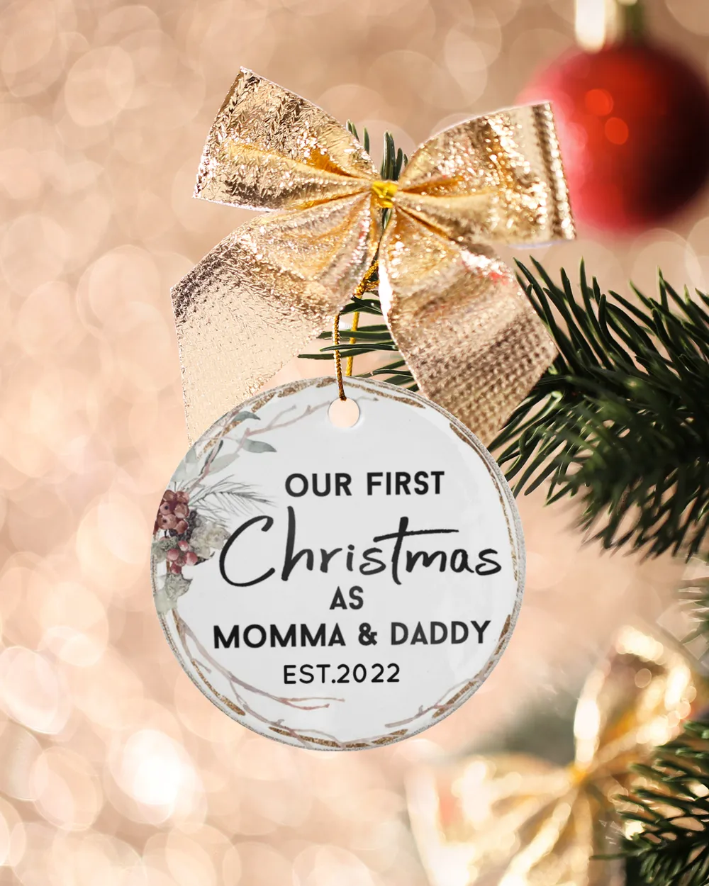 Personalized Custom New Mommy And Daddy First Christmas Ceramic Ornament Porcelain Ornament - Circle white one-sided __single