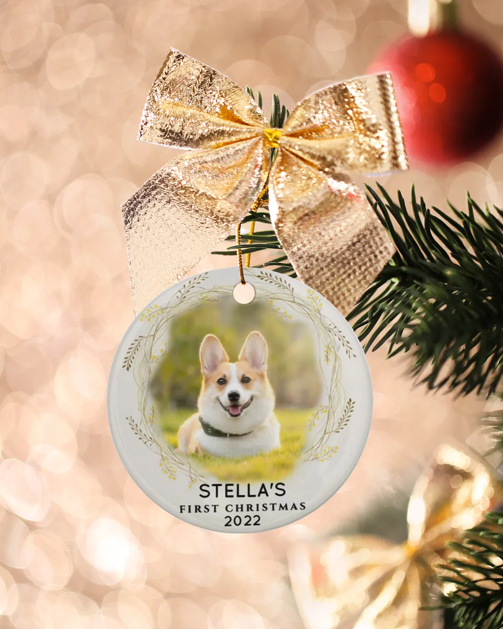 Personalized Custom Photo Dog First Christmas Ceramic Ornament Porcelain Ornament - Circle white one-sided __single