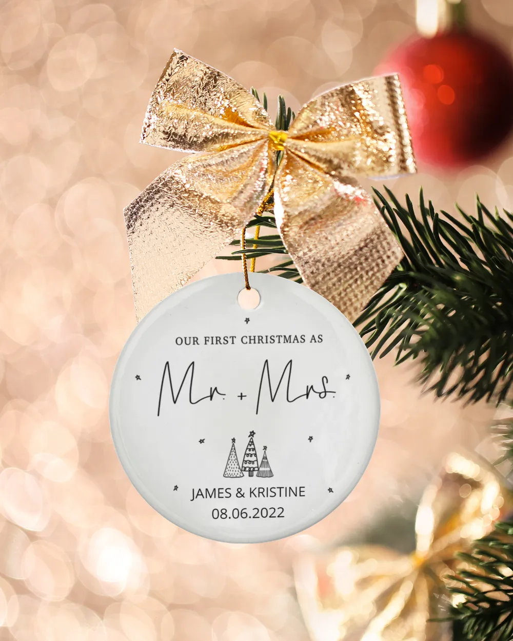 Personalized Custom Our First Christmas As Mr Mrs Married Ceramic Ornament Porcelain Ornament - Circle white one-sided __single