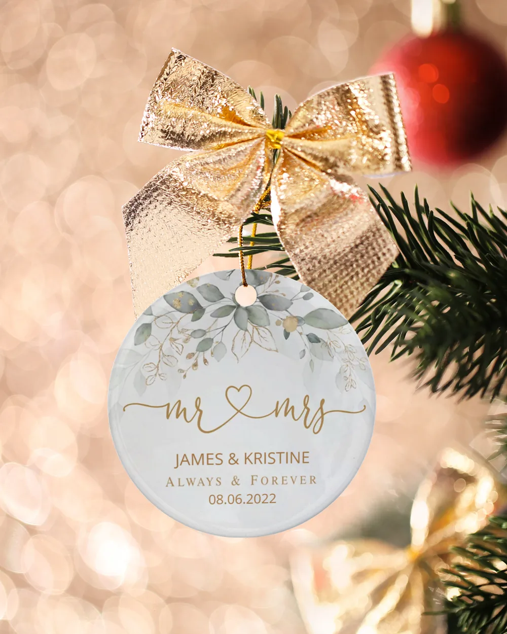 Personalized Custom Our First Christmas Engaged Married Mr Mrs Wedding Ceramic Ornament Porcelain Ornament - Circle white one-sided __single