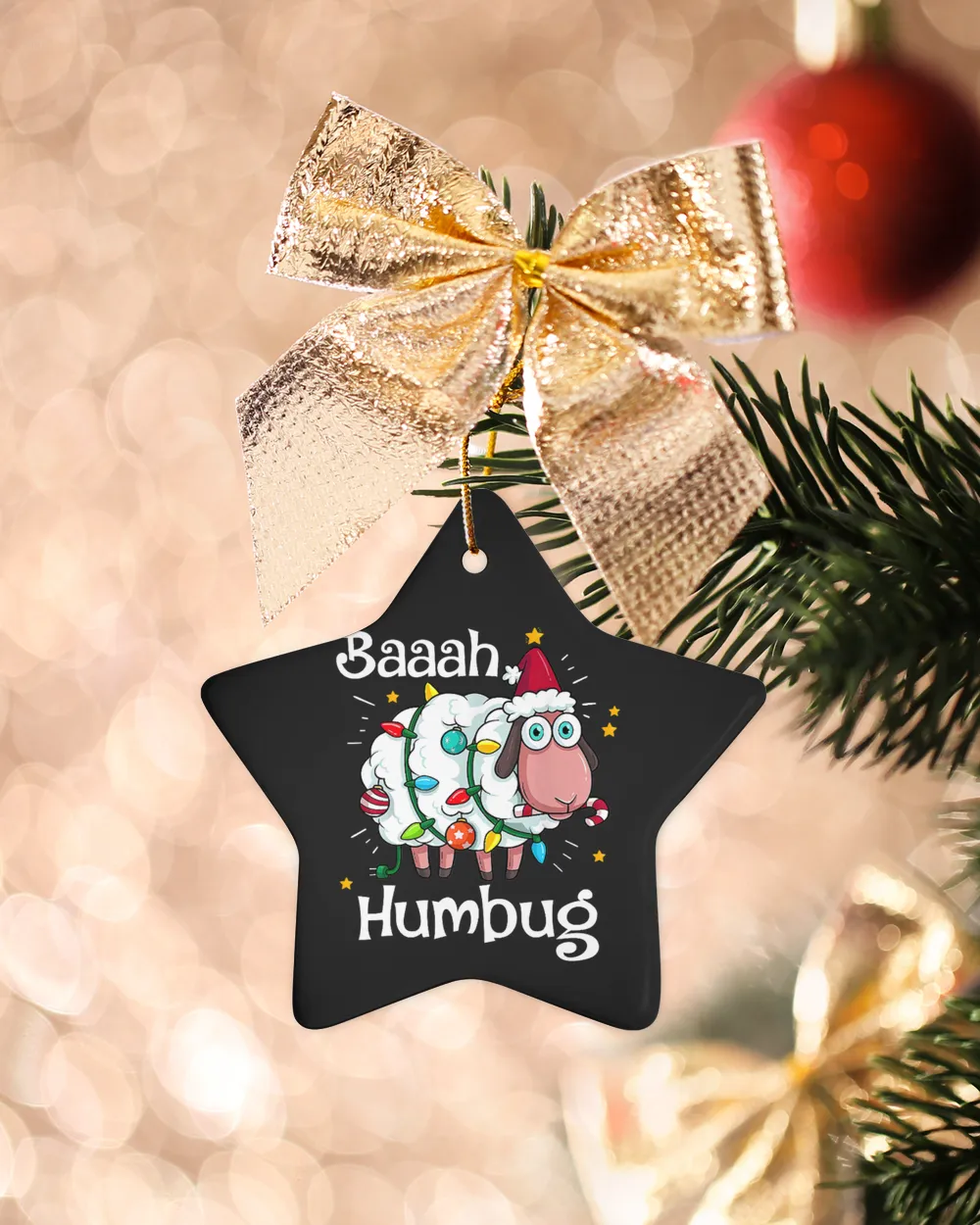 Sheep Baaah Humbug Funny Sheep In Santa Hat Lights Merry Christmas 267