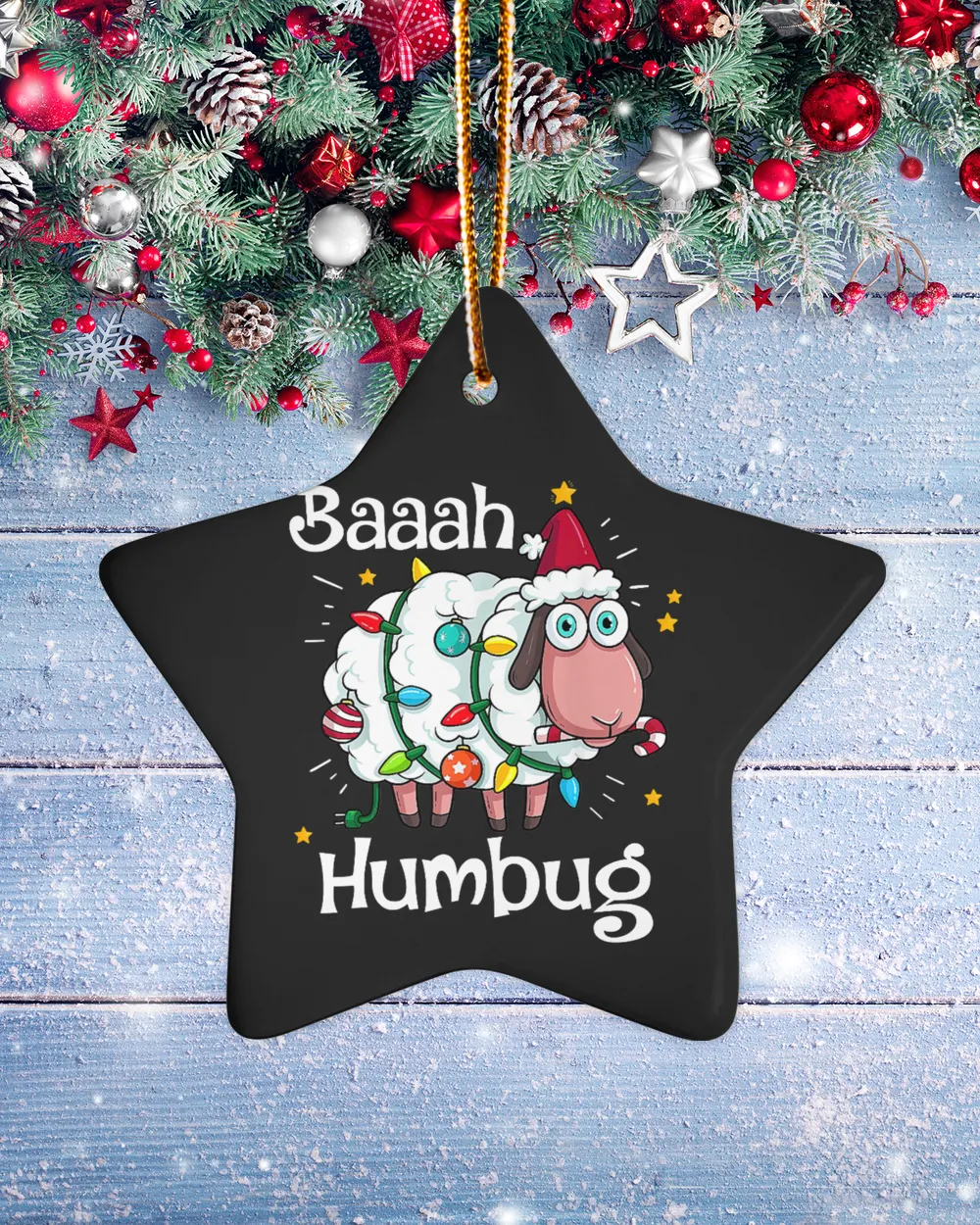 Sheep Baaah Humbug Funny Sheep In Santa Hat Lights Merry Christmas 267
