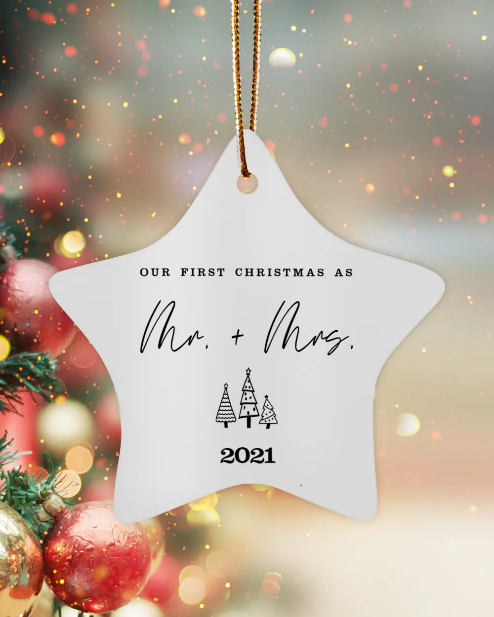 Our First Christmas As Mr + Mrs With Year | Newlywed Couple | First-time Parents | Engagement, Miss to Mrs, Couples Gift, Wedding| Christmas Ornament | Pine Tree Ornaments
