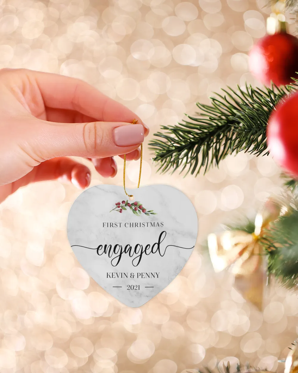 First Christmas Engaged With Name and Year | Newlywed Couple | First-time Parents | Engagement, Miss to Mrs, Couples Gift, Wedding| Christmas Ornament | Pine Tree Ornaments