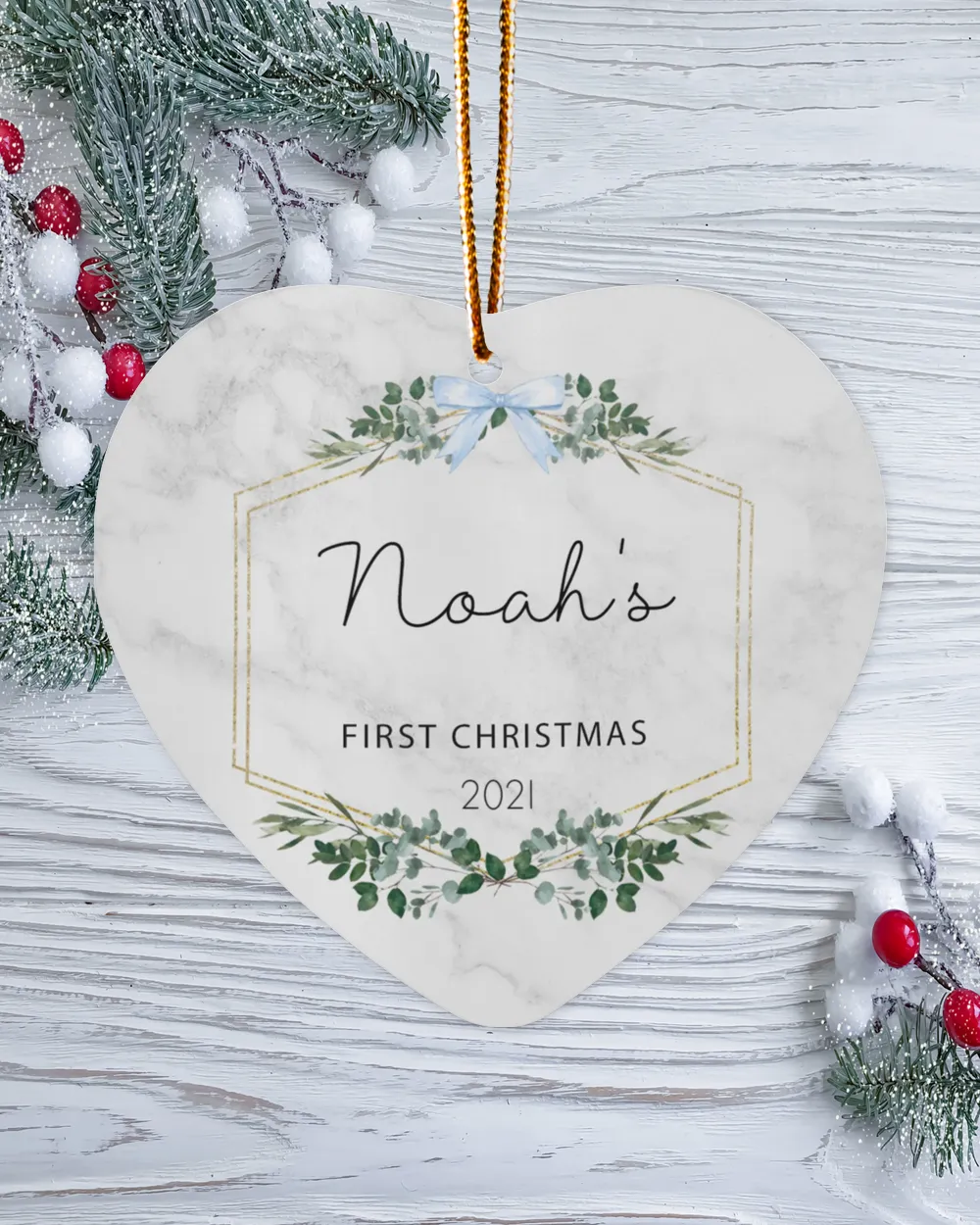 Baby's First Christmas Ornament - Baby Boy Ornament - Personalized First Christmas - Custom Baby Name Christmas Ornament - Blue Bow | Christmas Ornaments | Pine Tree Ornaments.