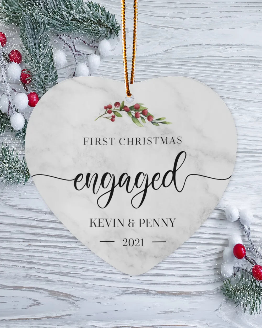 First Christmas Engaged With Name and Year | Newlywed Couple | First-time Parents | Engagement, Miss to Mrs, Couples Gift, Wedding| Christmas Ornament | Pine Tree Ornaments