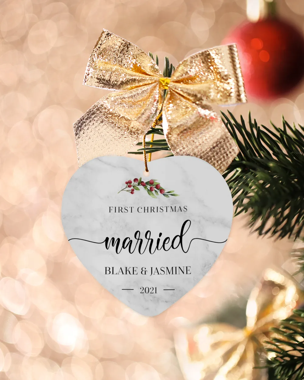 First Christmas Married With Name and Year | Newlywed Couple | First-time Parents | Engagement, Miss to Mrs, Couples Gift, Wedding| Christmas Ornament | Pine Tree Ornaments