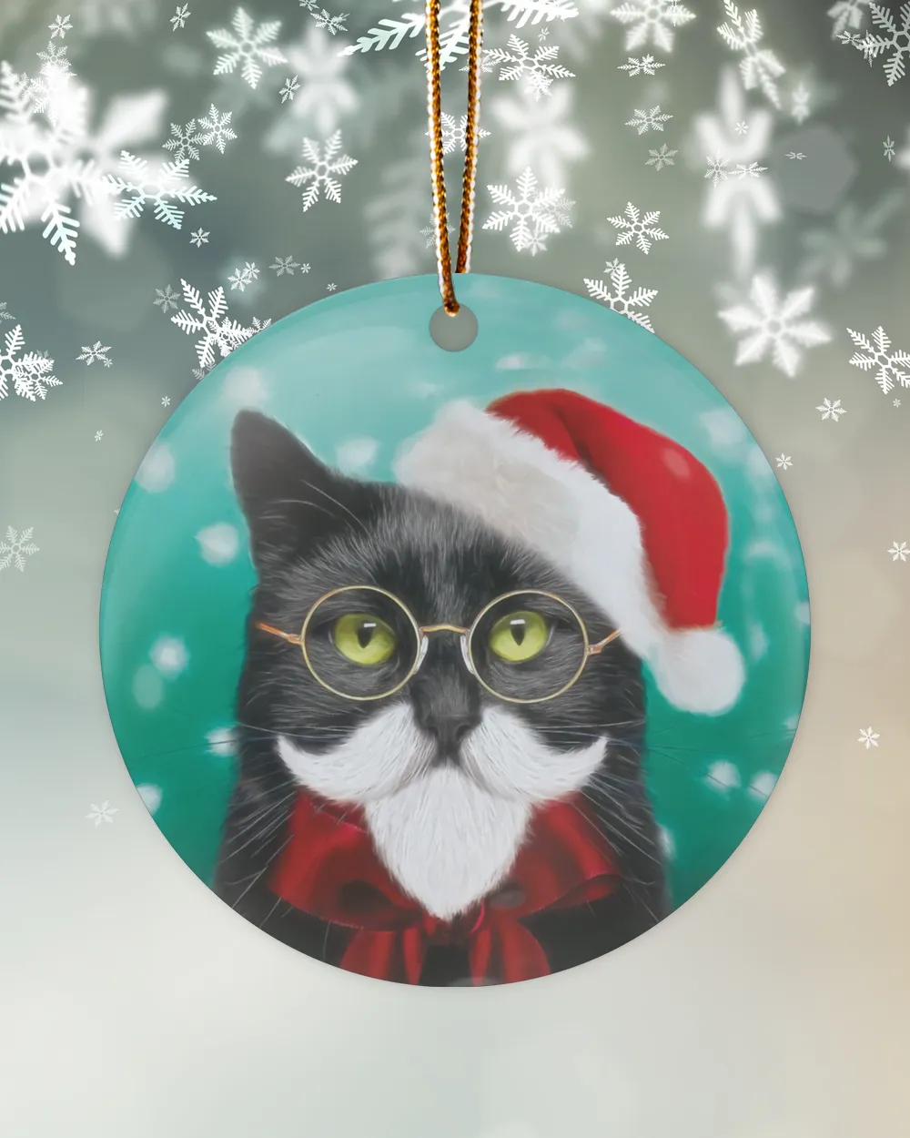 Black Cat Santa Round Ornament