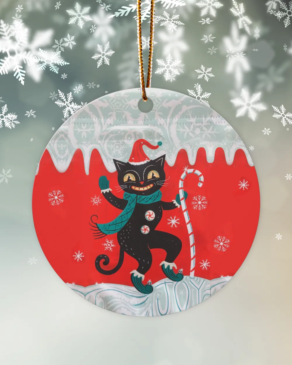 Black Cats Joyful Elf Circle Ornament