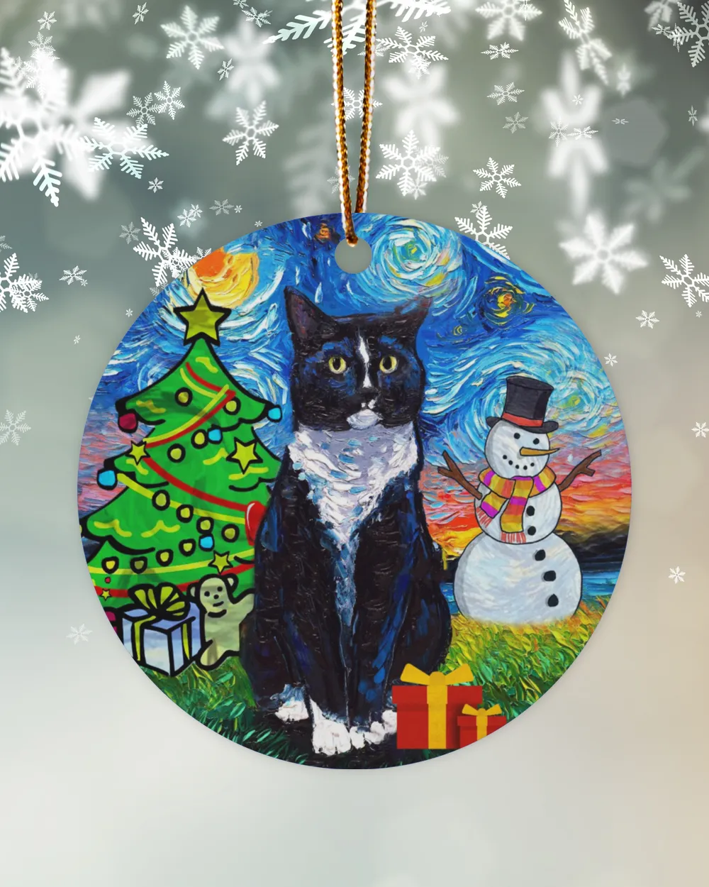 Cat Christmas Van Gough Circle Ornament