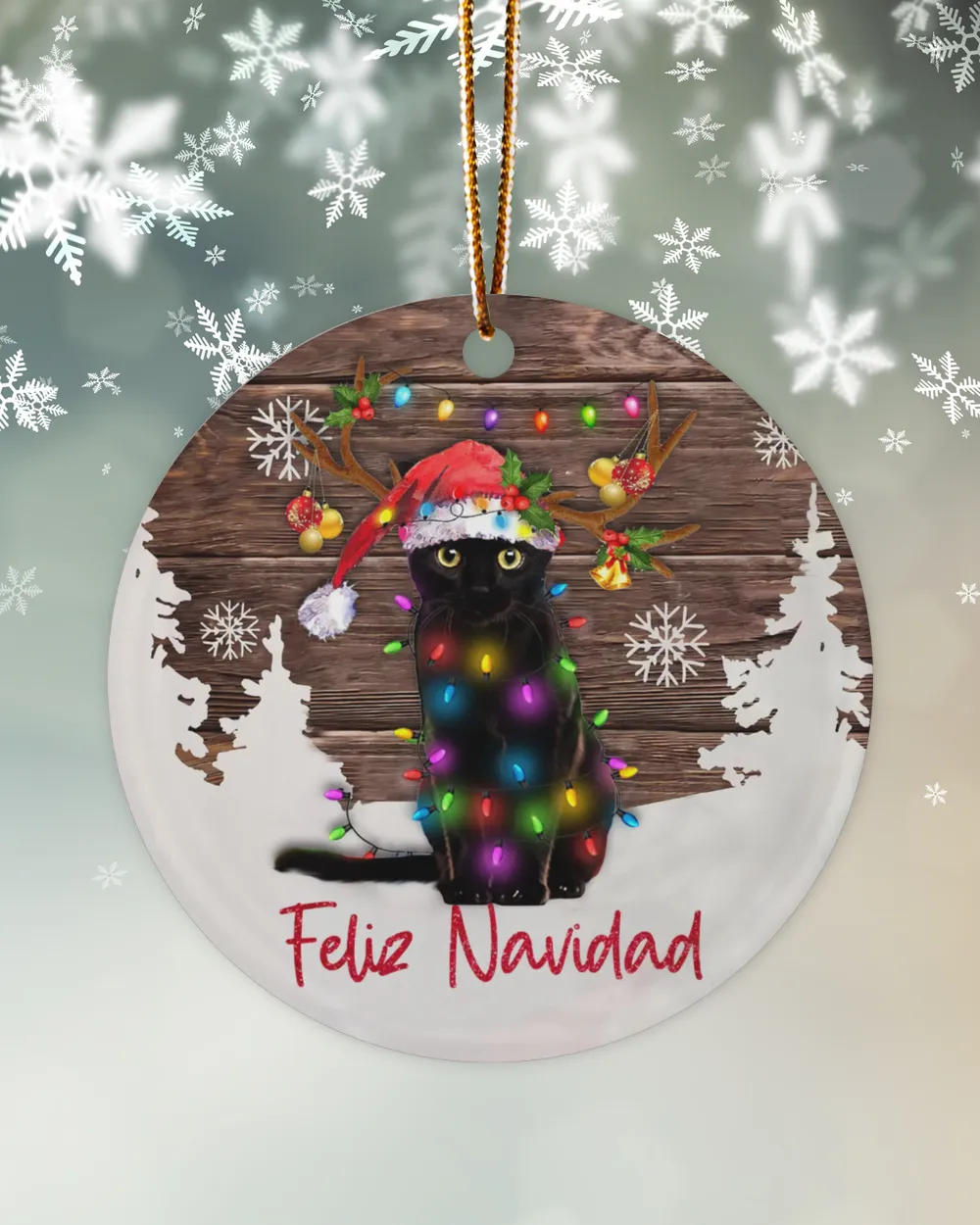 Black Cat Feliz Navidad Ornament