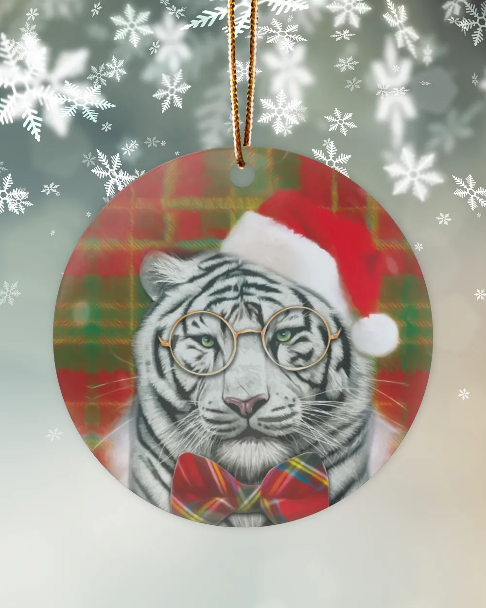 White Tiger Santa Round Ornament