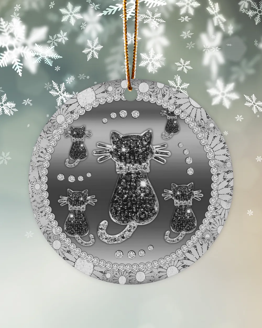 Silver Black Cat Circle Ornament