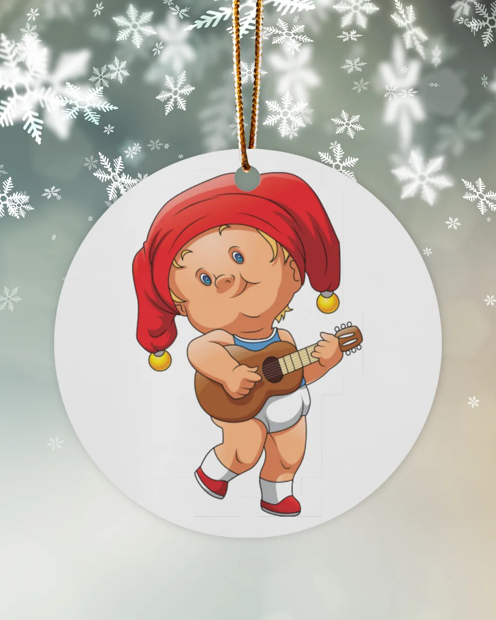 the baby boy using the red clown hat and holding the brown guitar   for christmas and new year 2022 Wood Ornament - Circle white __one-sided single