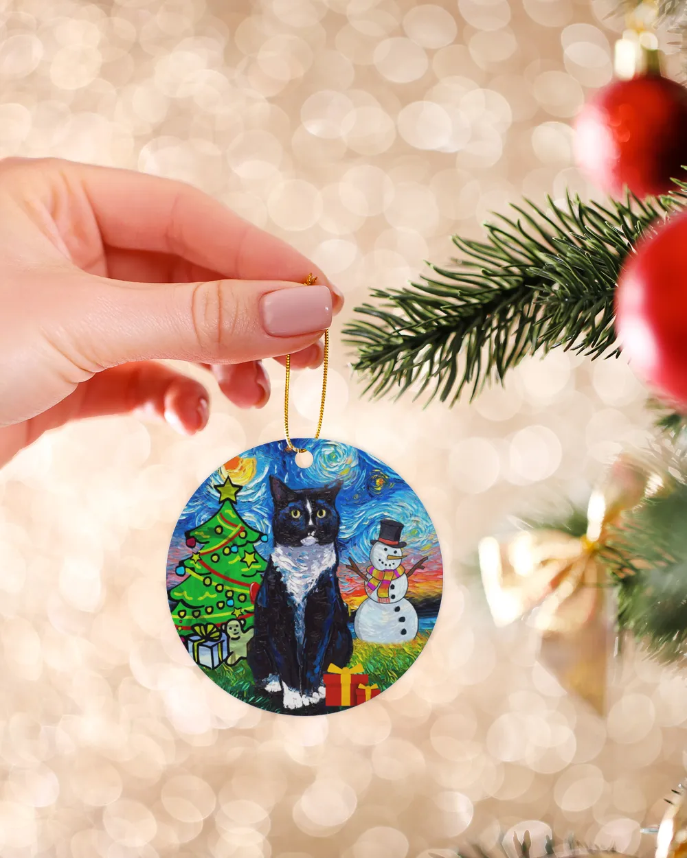 Cat Christmas Van Gough Circle Ornament