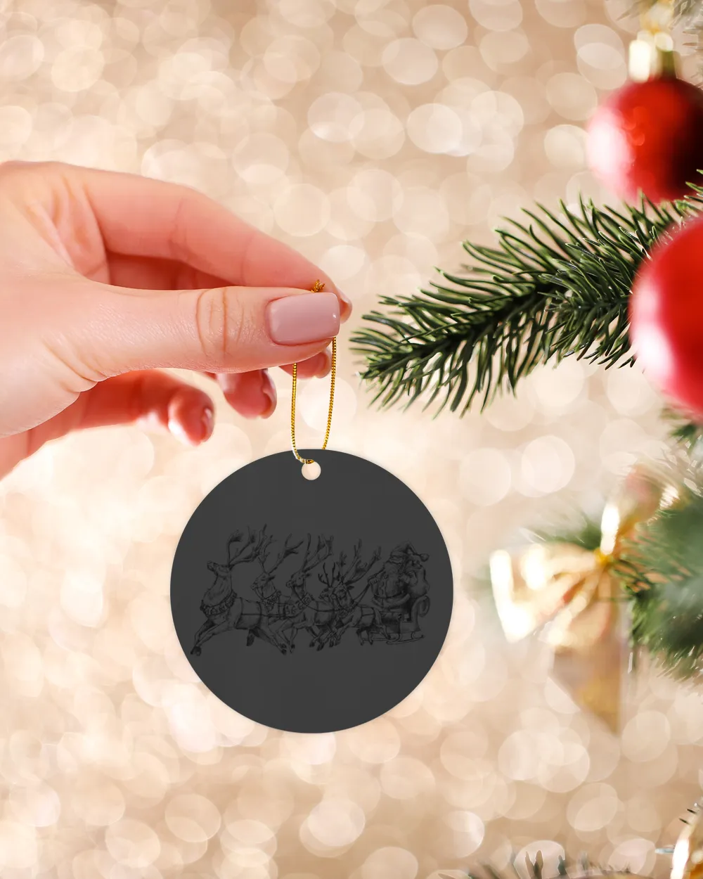 Reindeer Pulls Santa's Sleigh Ornament - Circle