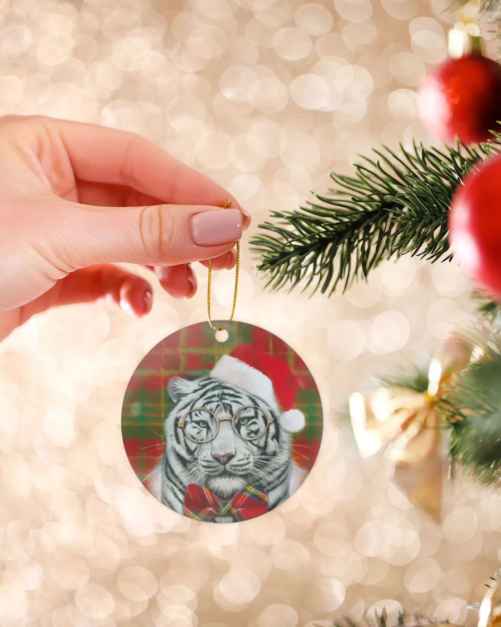White Tiger Santa Round Ornament