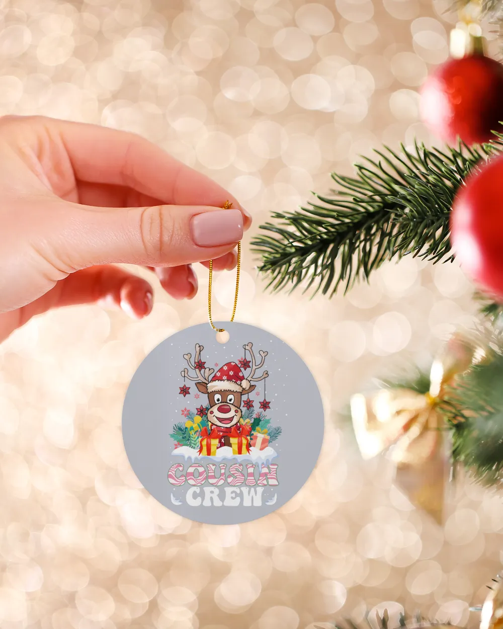 Cousin Crew Ornament, Christmas gift box reindeer