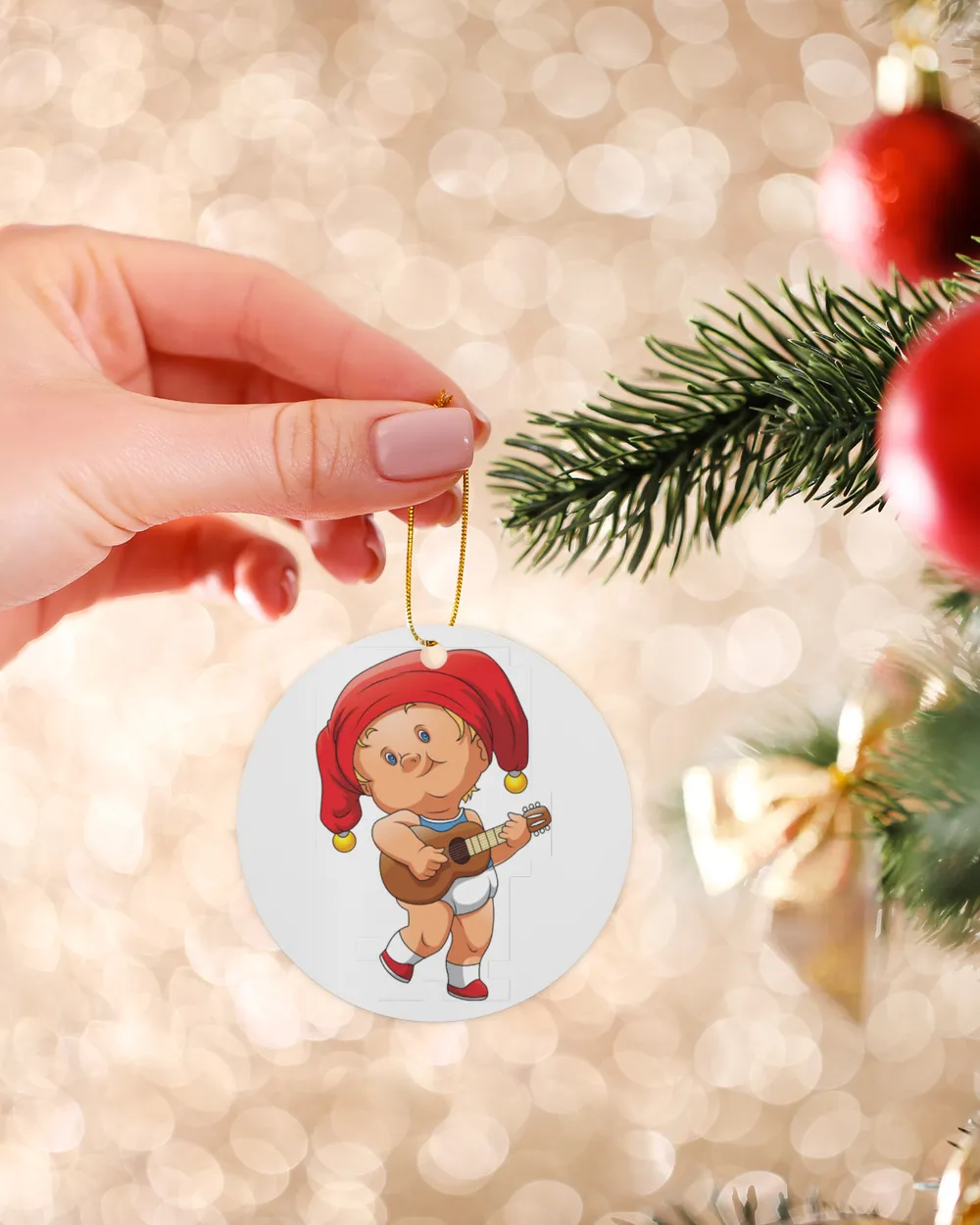 the baby boy using the red clown hat and holding the brown guitar   for christmas and new year 2022 Wood Ornament - Circle white __one-sided single
