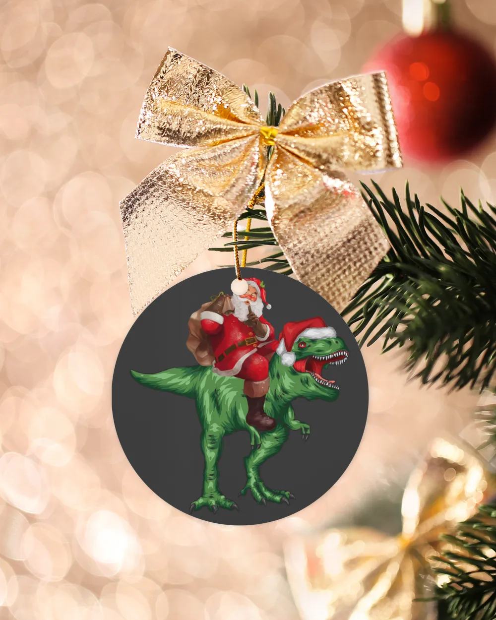 Santa Riding Dinosaur Ornament