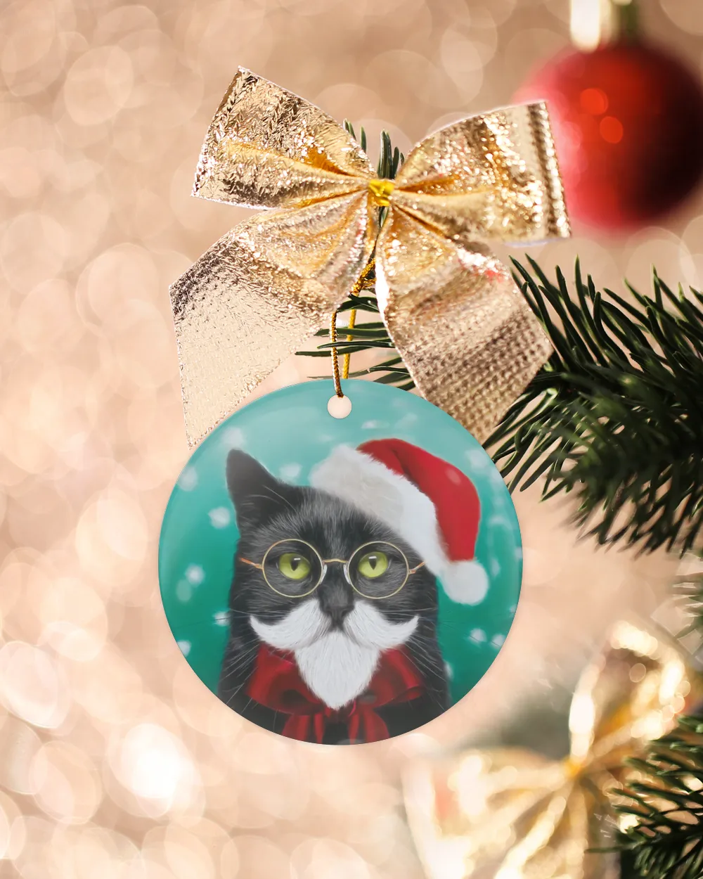 Black Cat Santa Round Ornament