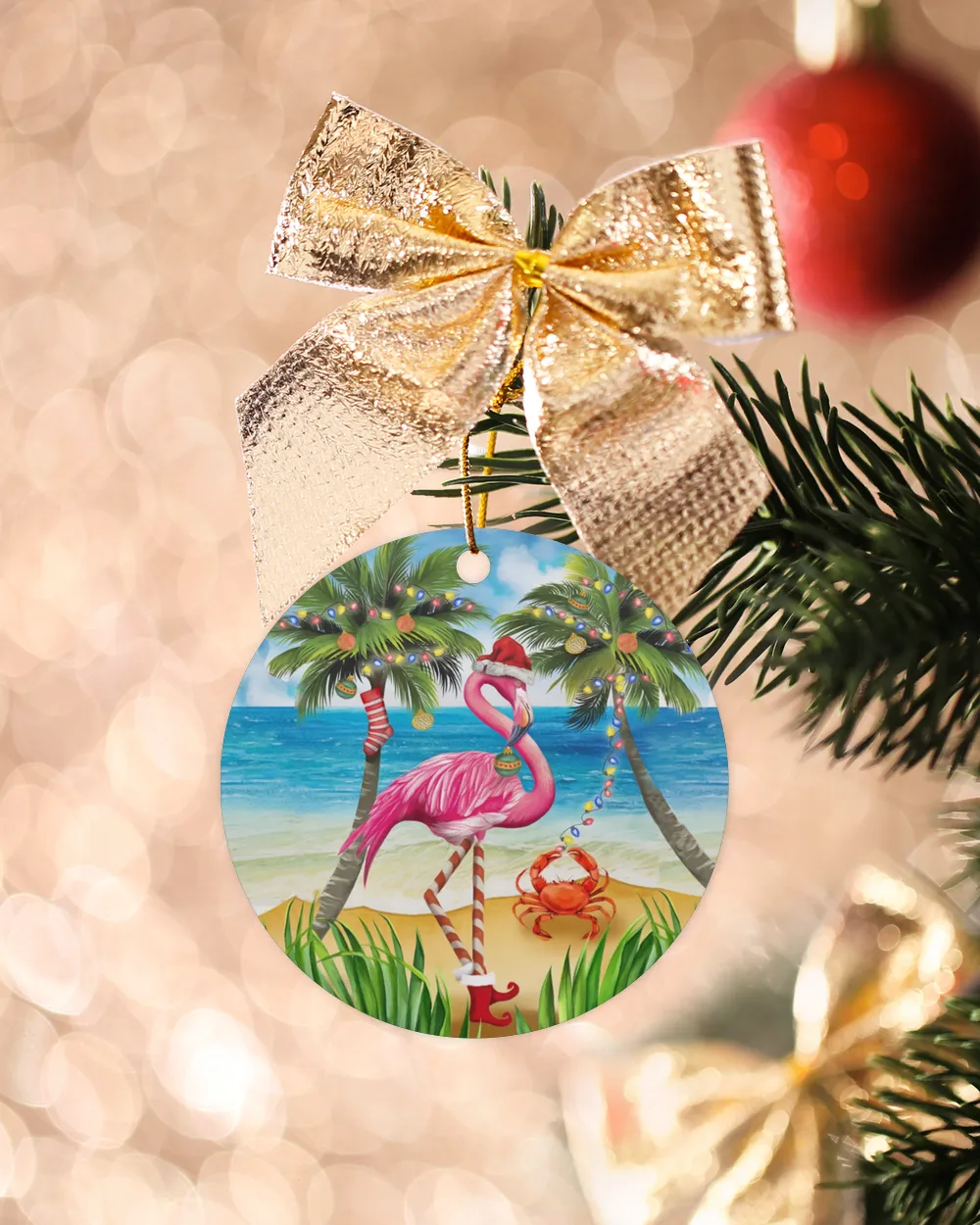 Flamingo Ocean Christmas Circle Ornament