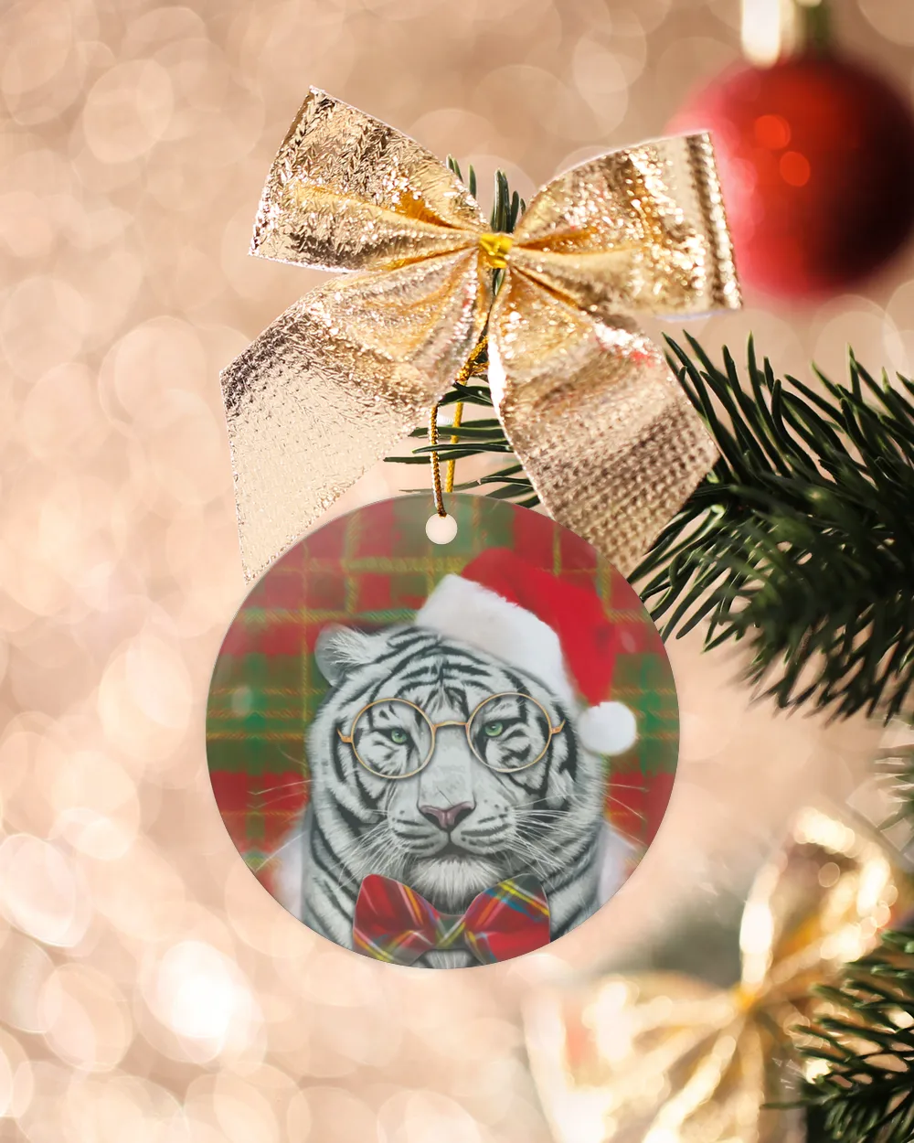 White Tiger Santa Round Ornament