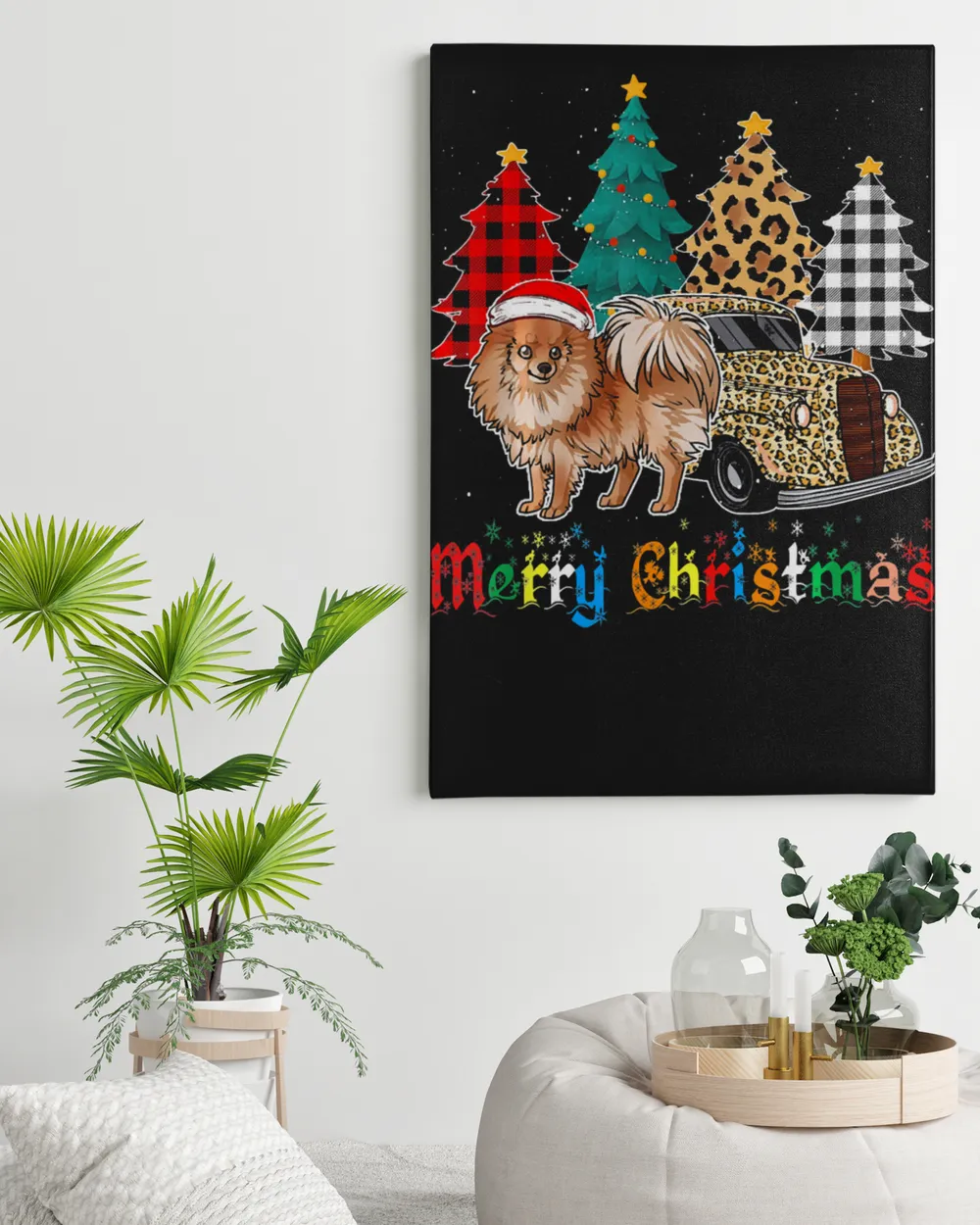 Pomeranian Leopard Plaid Truck Christmas T-Shirt