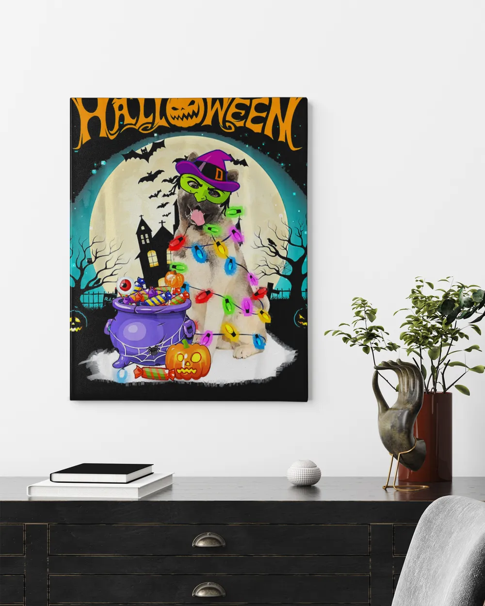 Akita Witch Costumes For Halloween Lights Dog Lover Gift T-Shirt