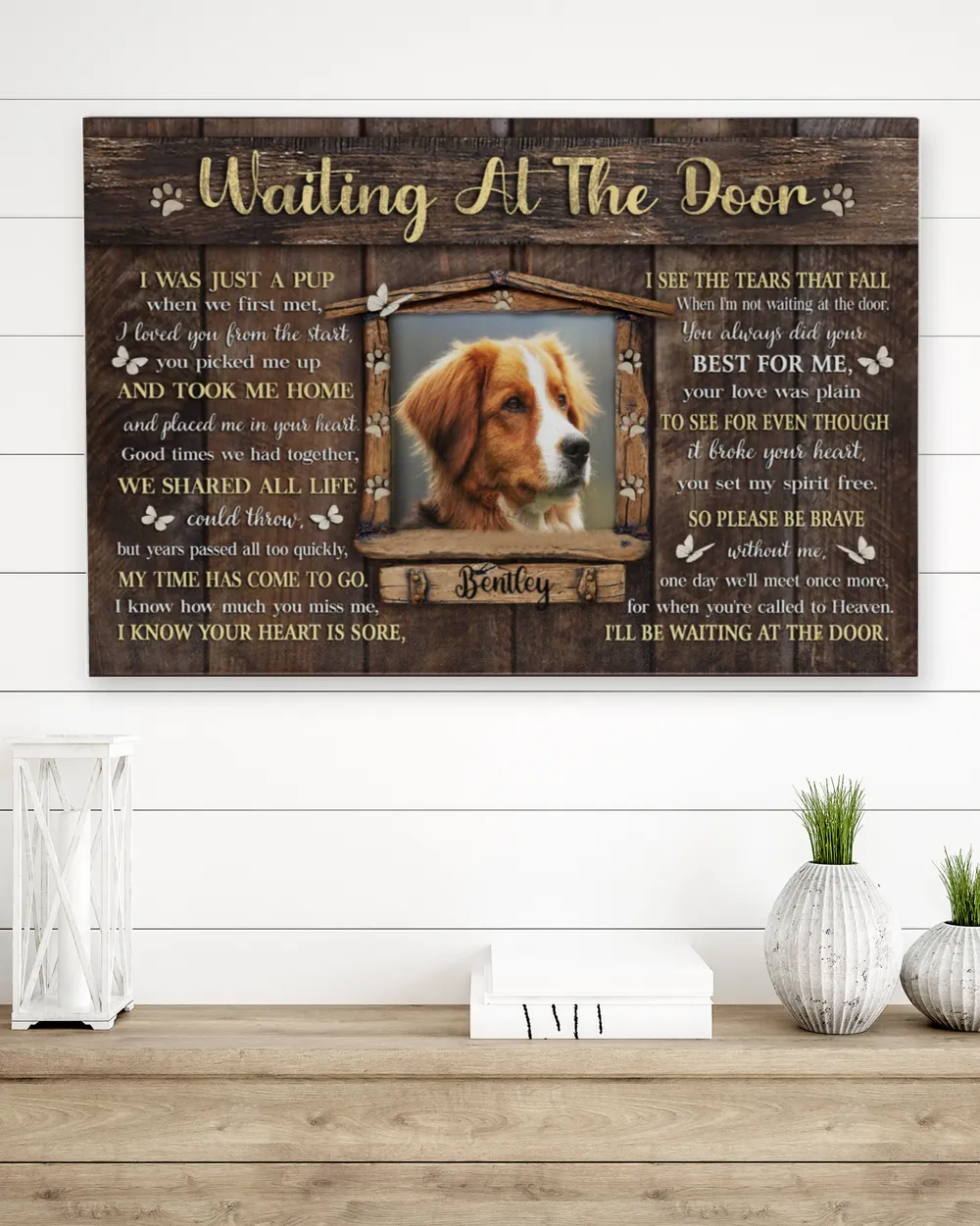 Personalized Custom Dog Pet Memorial Canvas Waiting At The Door Poem DC11 Ready To Hang Landscape Canvas white 14x11in