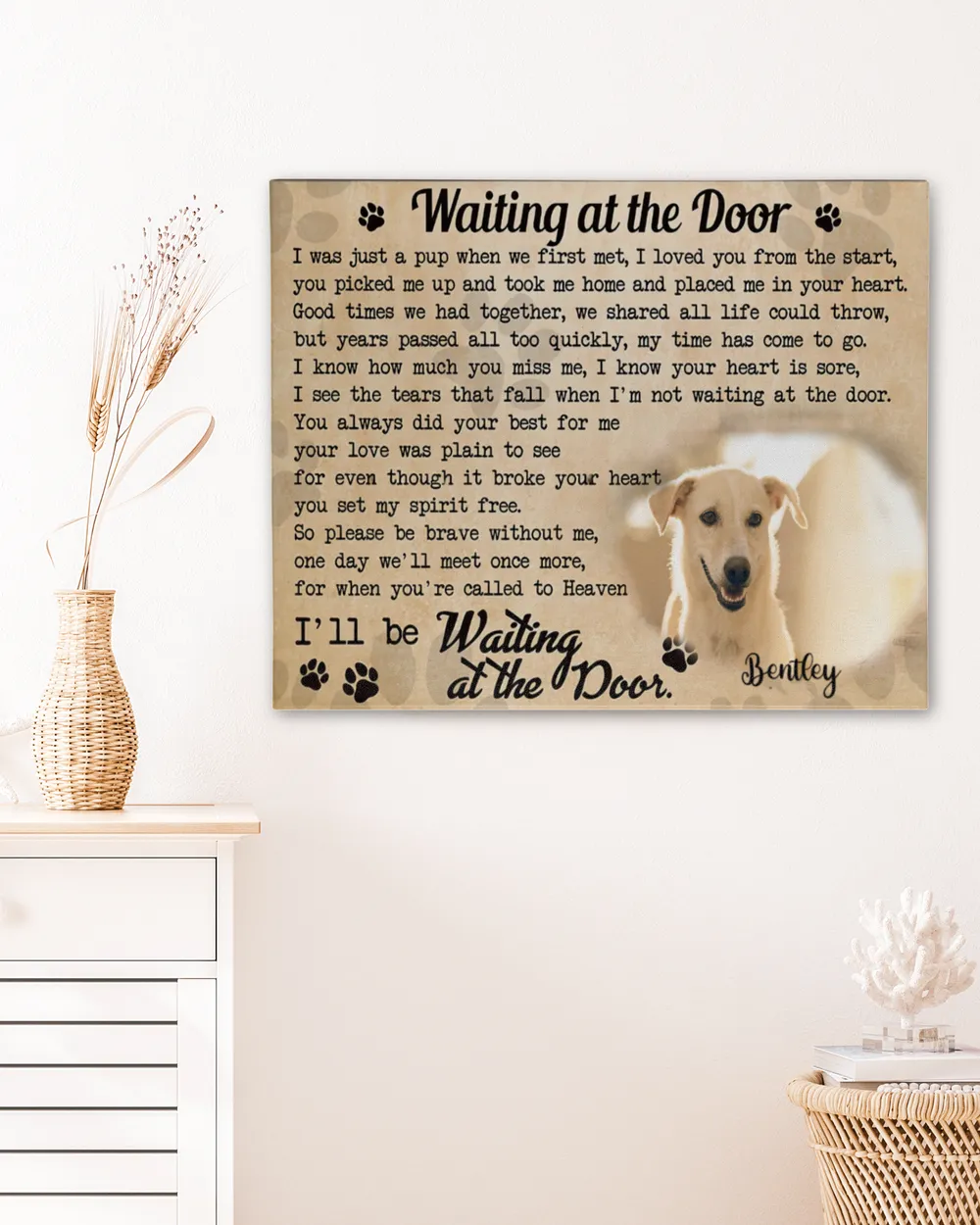 Personalized Custom Waiting At The Door I Was Just A Pup Dog Cat Pet Memorial Canvas Art Poster TTH 002 Ready To Hang Landscape Canvas white 14x11in
