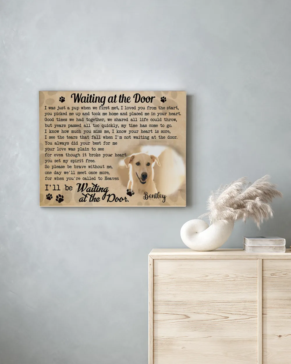 Personalized Custom Waiting At The Door I Was Just A Pup Dog Cat Pet Memorial Canvas Art Poster TTH 002 Ready To Hang Landscape Canvas white 14x11in