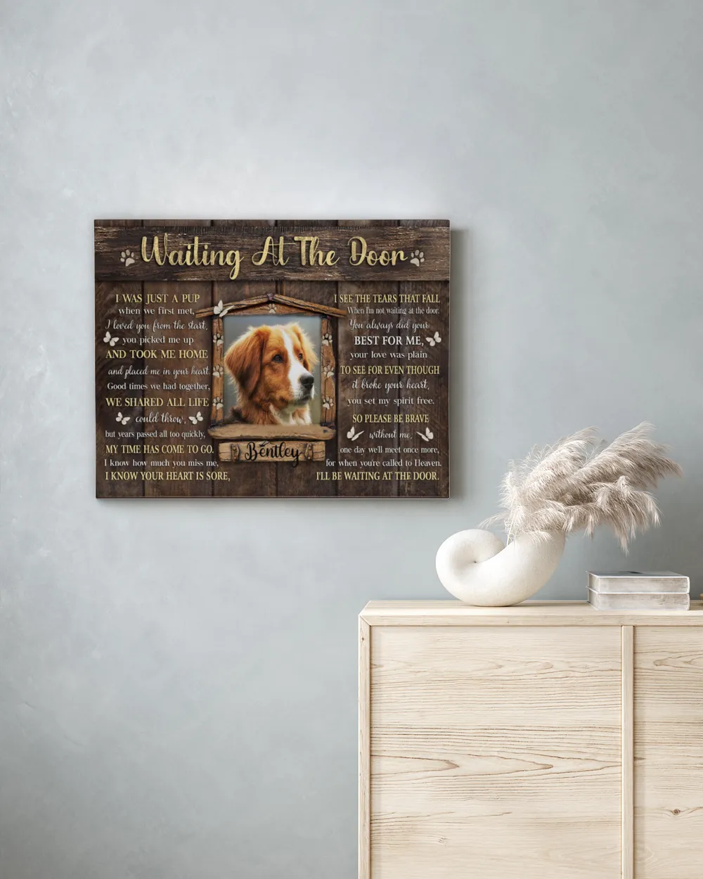 Personalized Custom Dog Pet Memorial Canvas Waiting At The Door Poem DC11 Ready To Hang Landscape Canvas white 14x11in