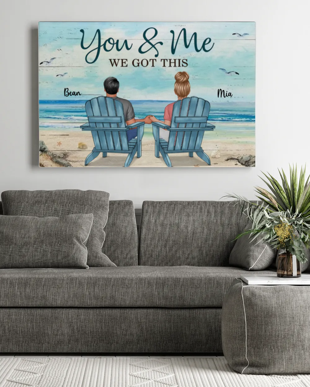 Back View Couple Sitting Beach Landscape You & Me We Got This Personalized Poster Ready To Hang Landscape Canvas (3 sizes) white 24x16in