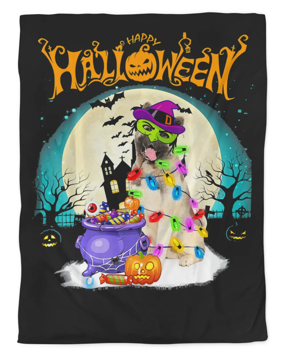 Akita Witch Costumes For Halloween Lights Dog Lover Gift T-Shirt