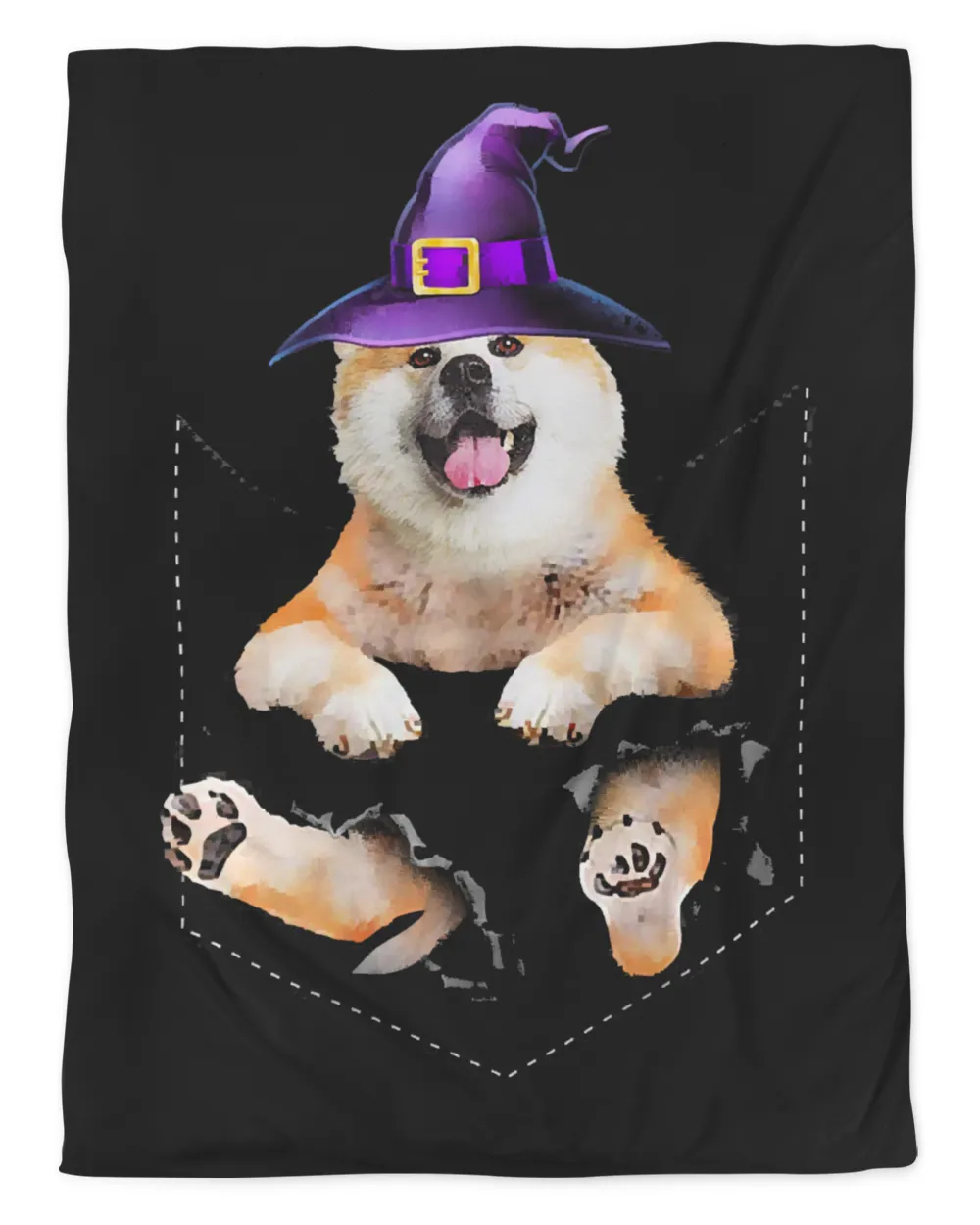 Akita Witchs Hat Broom Pocket Dog Halloween Shirt