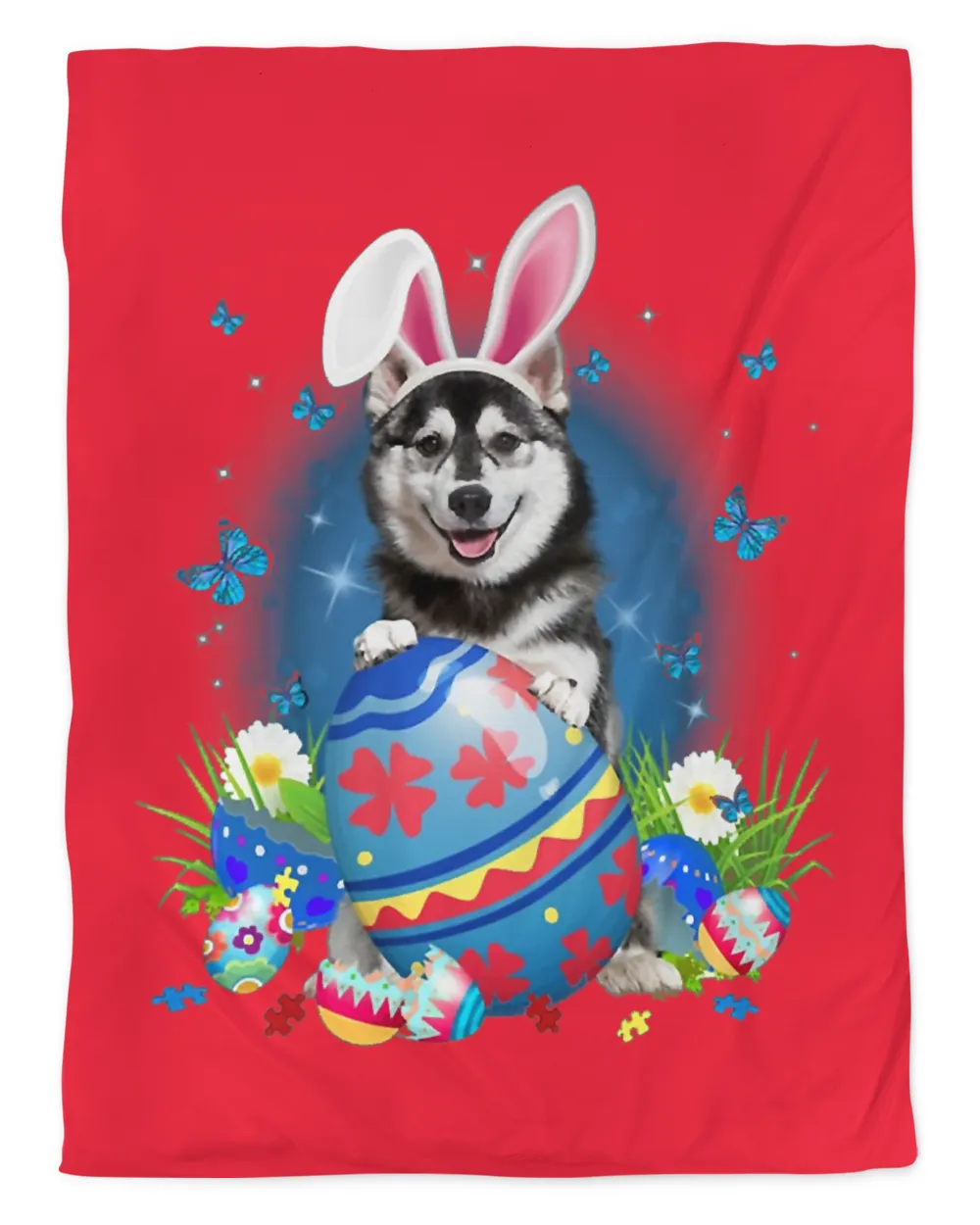 Bunny Husky With Egg Basket Easter Flower Hunting Egg T-Shirt