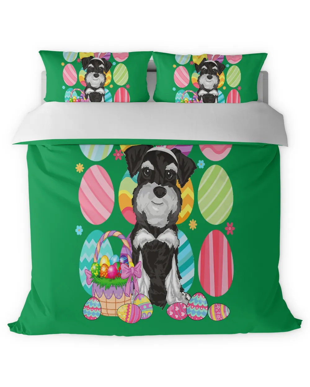 Cute Schnauzer Easter Bunny Ear Colorful Easter Egg Basket T-Shirt