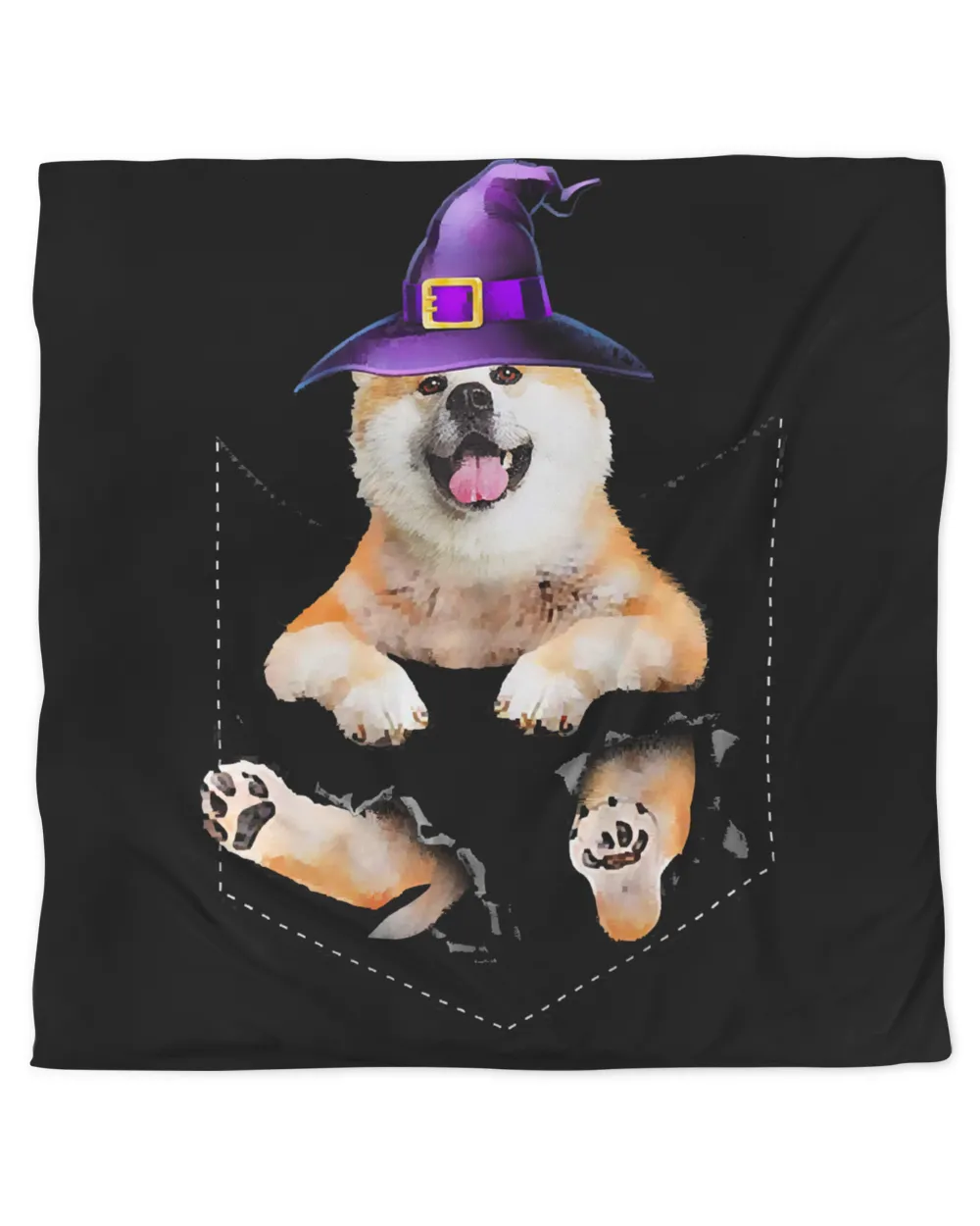 Akita Witchs Hat Broom Pocket Dog Halloween Shirt