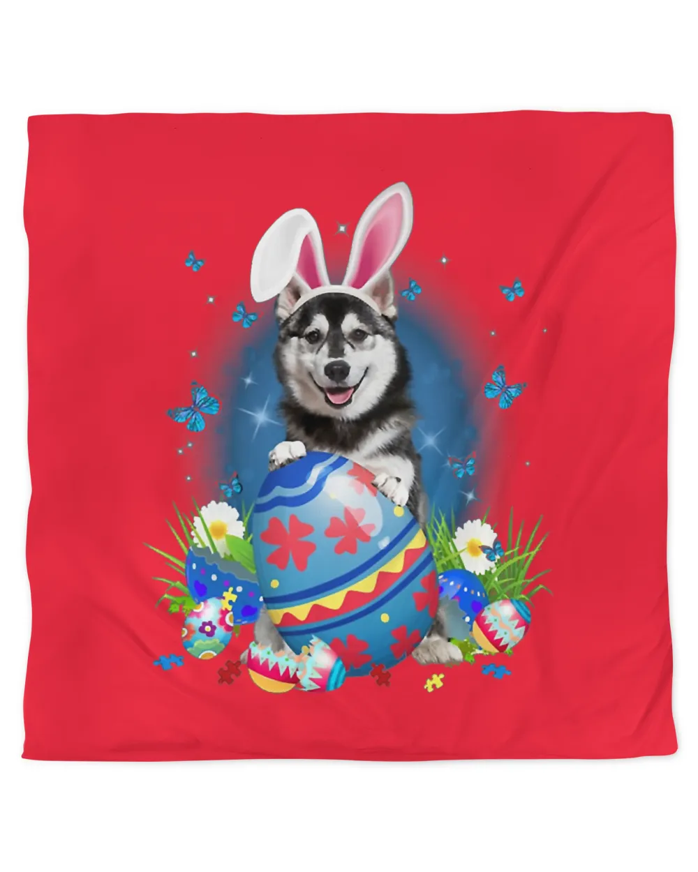 Bunny Husky With Egg Basket Easter Flower Hunting Egg T-Shirt