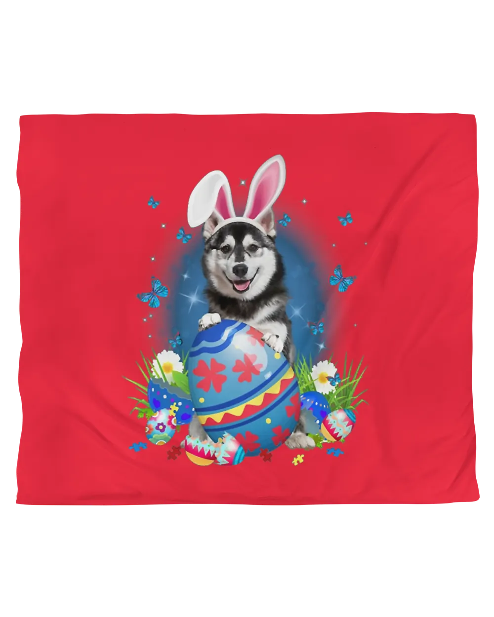 Bunny Husky With Egg Basket Easter Flower Hunting Egg T-Shirt