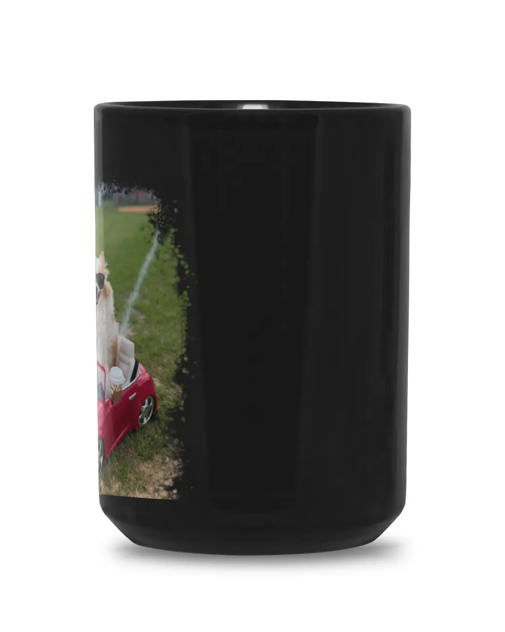 Koda Sits in The Car on the Grass Field Black Mug 15oz black 15oz