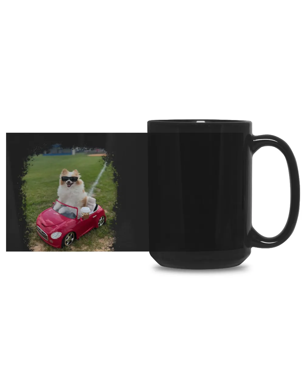 Koda Sits in The Car on the Grass Field Black Mug 15oz black 15oz