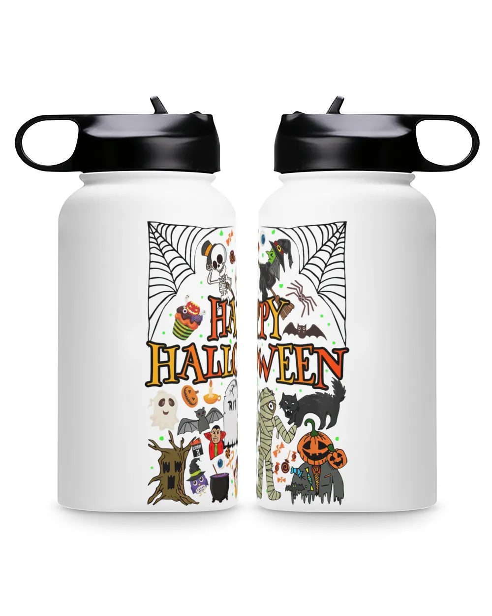 Happy Halloween Scary Retro Premium Water Bottle, black cat RIP pumpkin bat skeleton witches