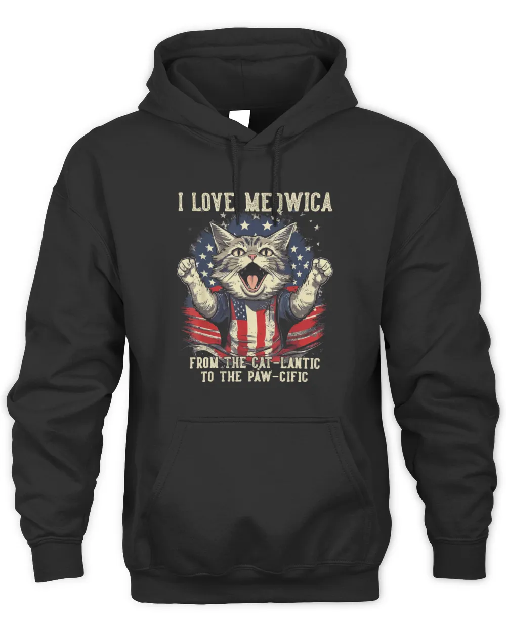 4th July Cat Lover, I Love Meowica Patriotic Funny Happy Cat T-Shirt Unisex Premium Hoodie black s