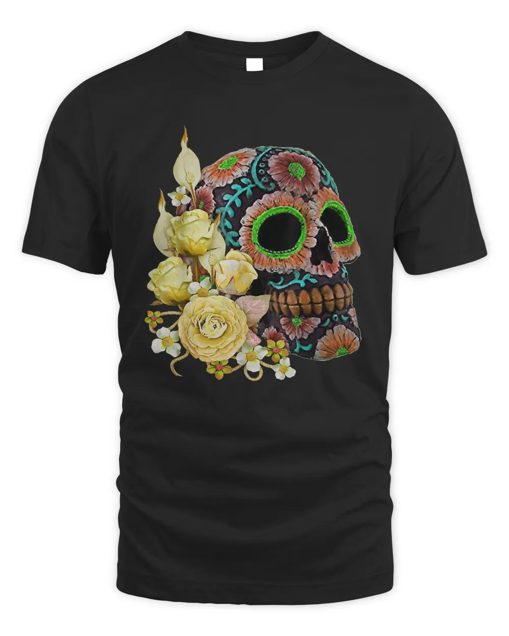 yellow floral black sugar skull day of the dead t shirt