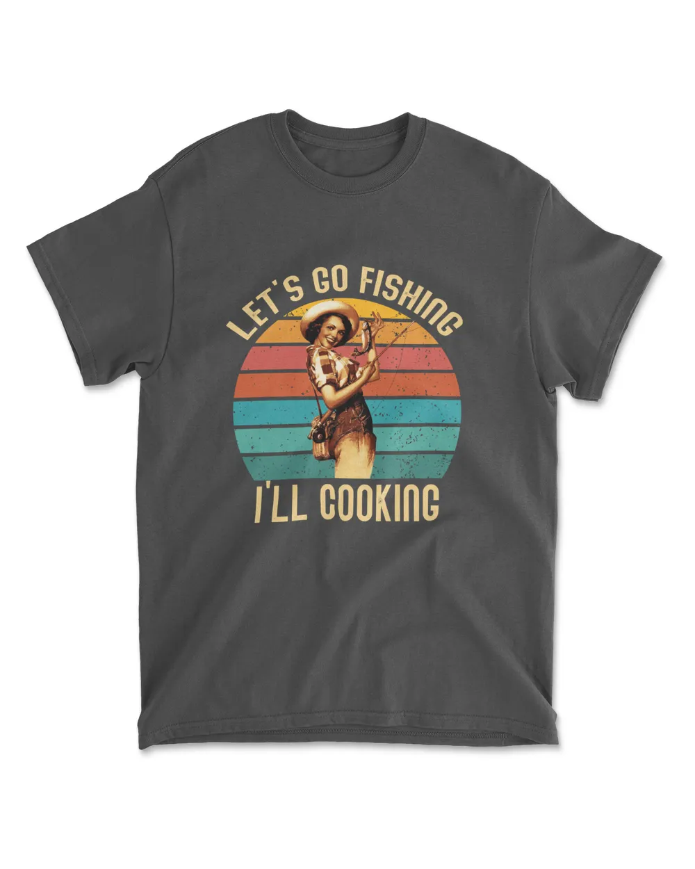 Vintage fishing girl love cooking fish